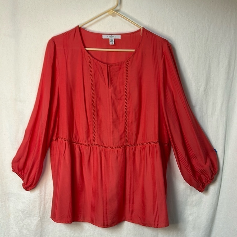 Fever Women’s Peasant Style Tunic Size L Coral Hook/Eye Closure at Neck